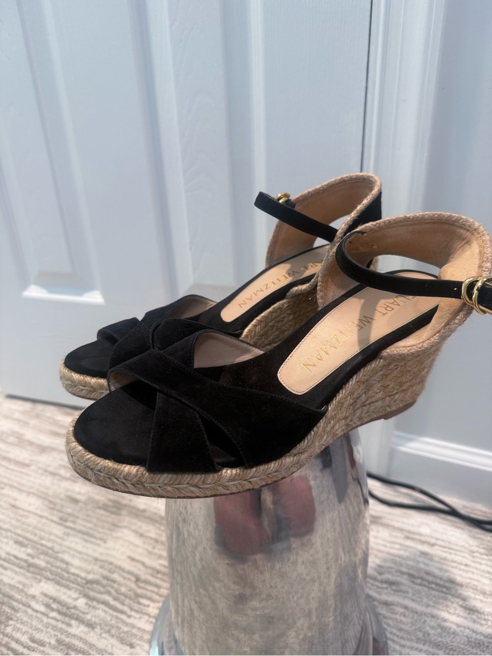 Stuart Weitzman Black Suede Espadrille Wedge Sandals with Ankle Strap